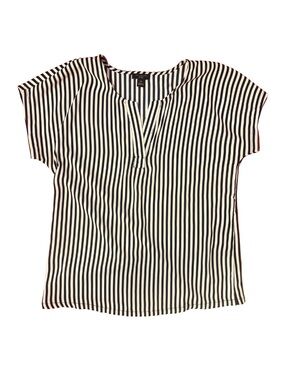 Ann Taylor Factory Black and White Striped Split-Neck Blouse